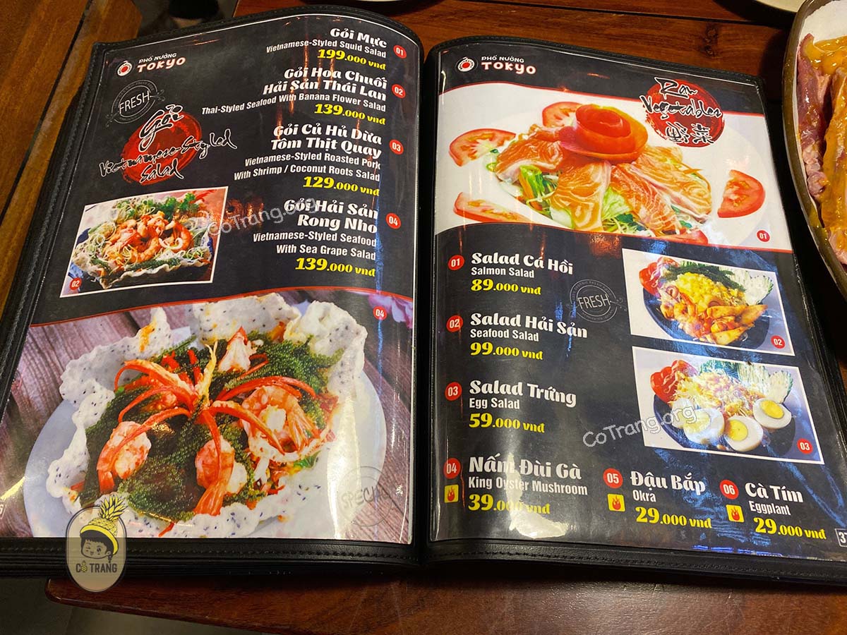 Menu thức ăn tại Phố nướng Tokyo Đà Nẵng