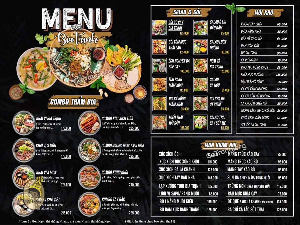 Menu tại Bia Trịnh Đà Nẵng