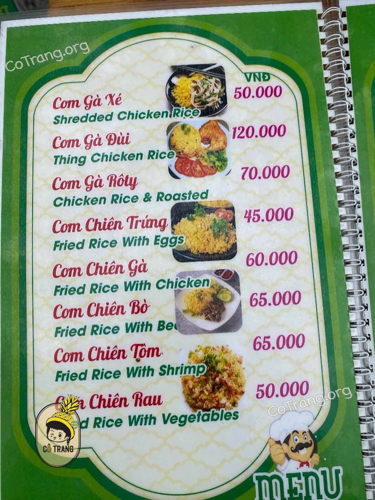 Menu tại Cơm Gà Giếng Đình Hội An