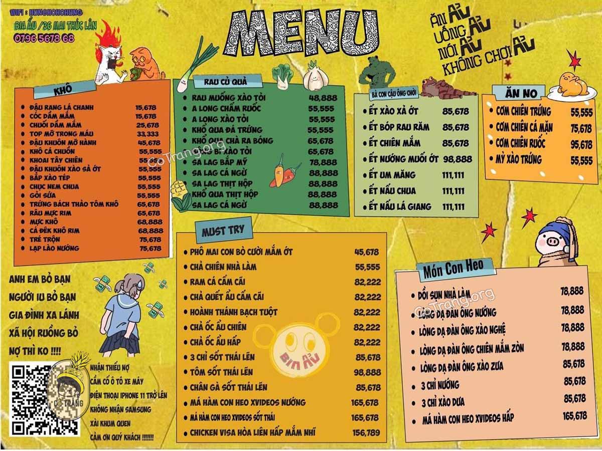 Menu thức ăn tại Bia Ẩu Đà Nẵng 