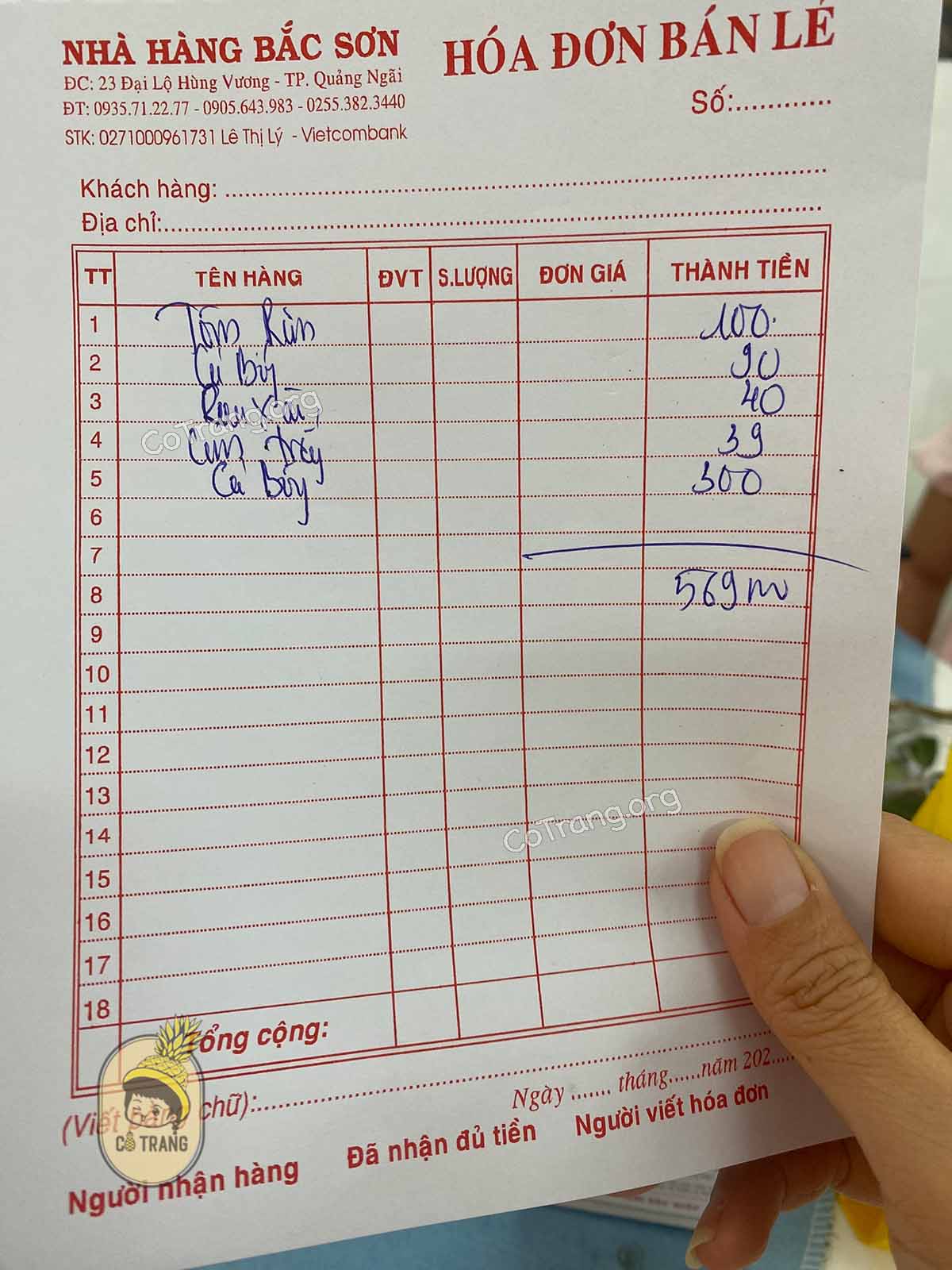Menu tại Cơm Bắc Sơn Quảng Ngãi