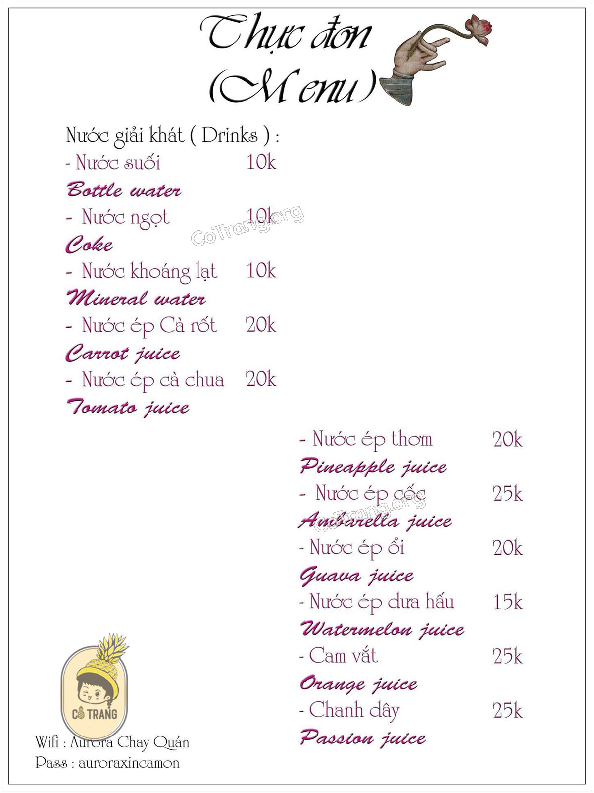 Menu thức ăn tại Aurora Chay Quán Đà Nẵng 