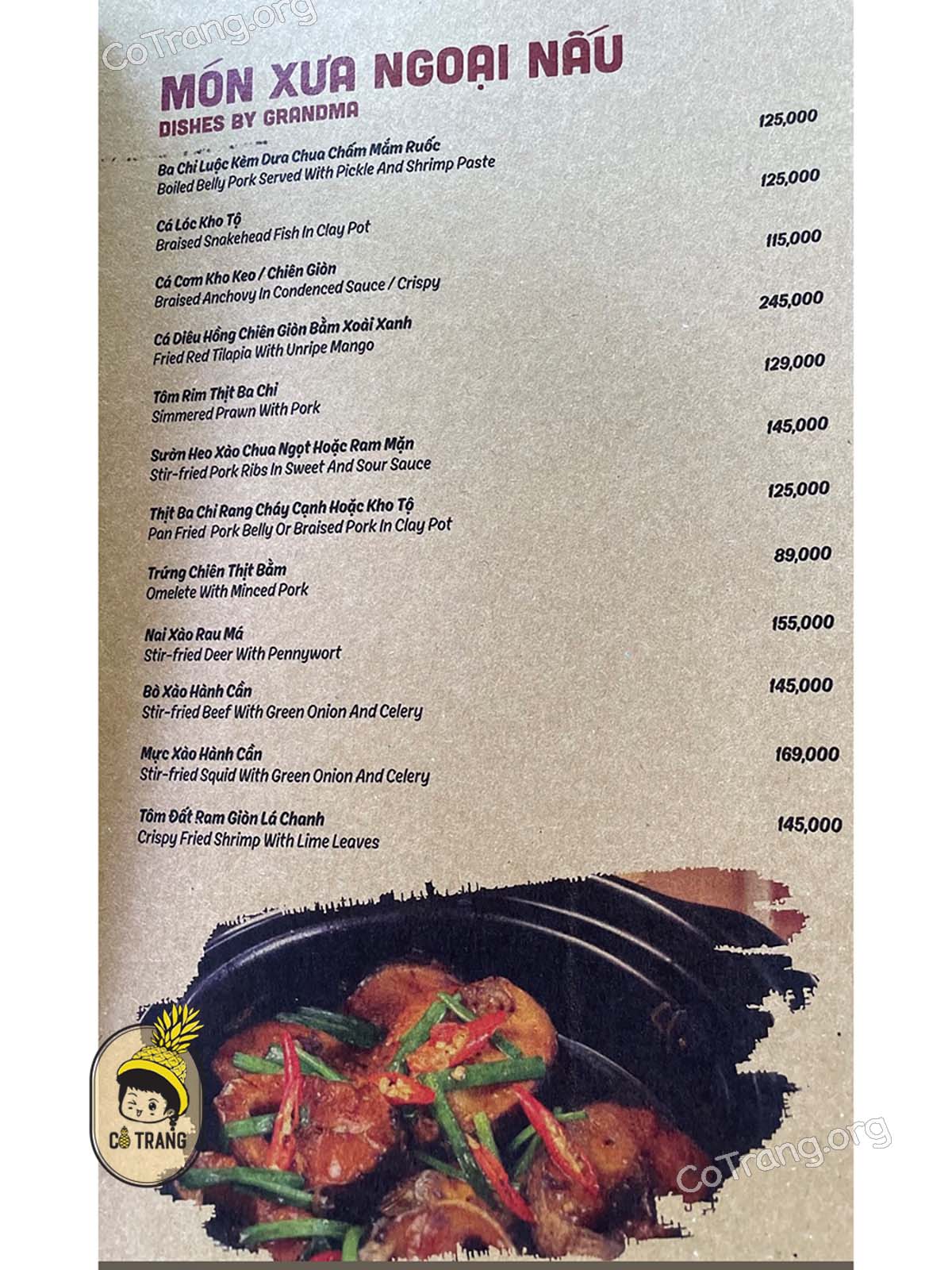 Menu tại nhà hàng Nha Trang Xưa