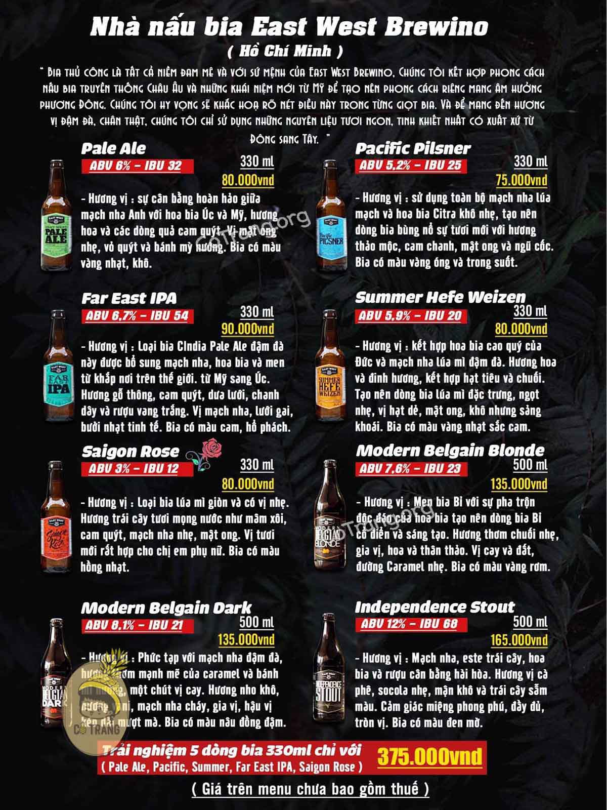 Menu tại Bia Trịnh Đà Nẵng