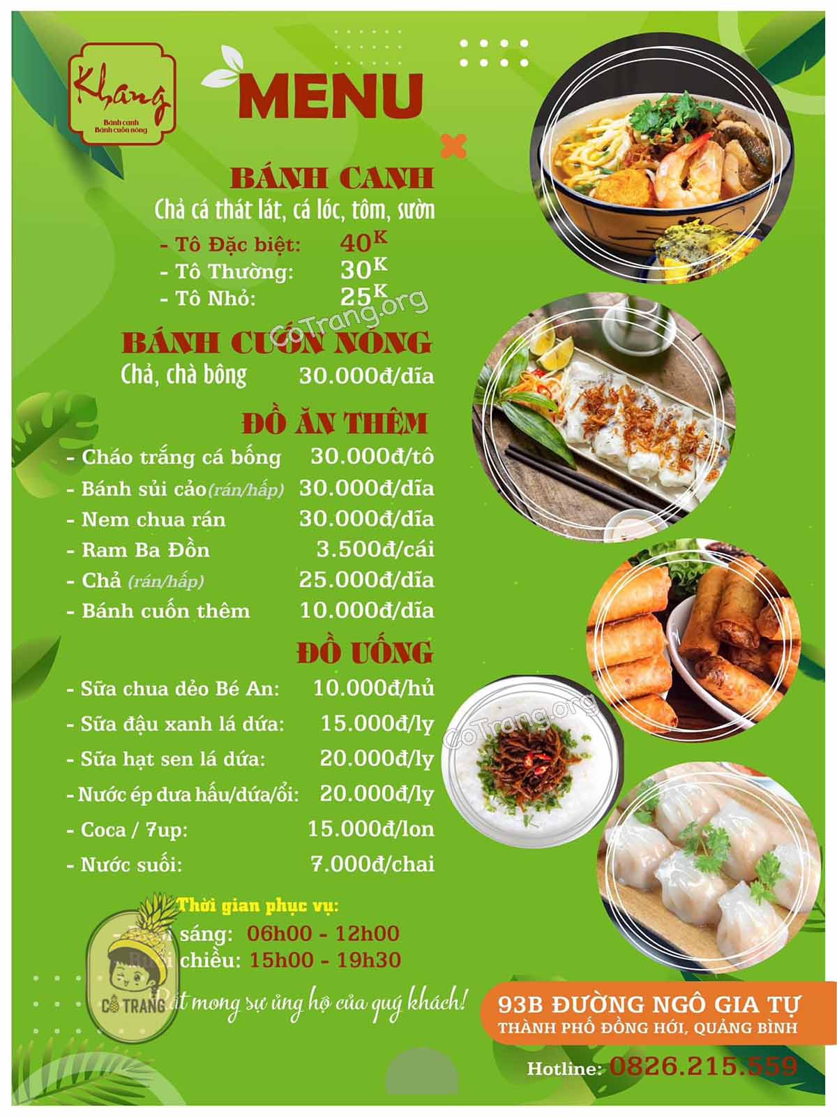 Menu thức ăn tại Khang Đồng Hới
