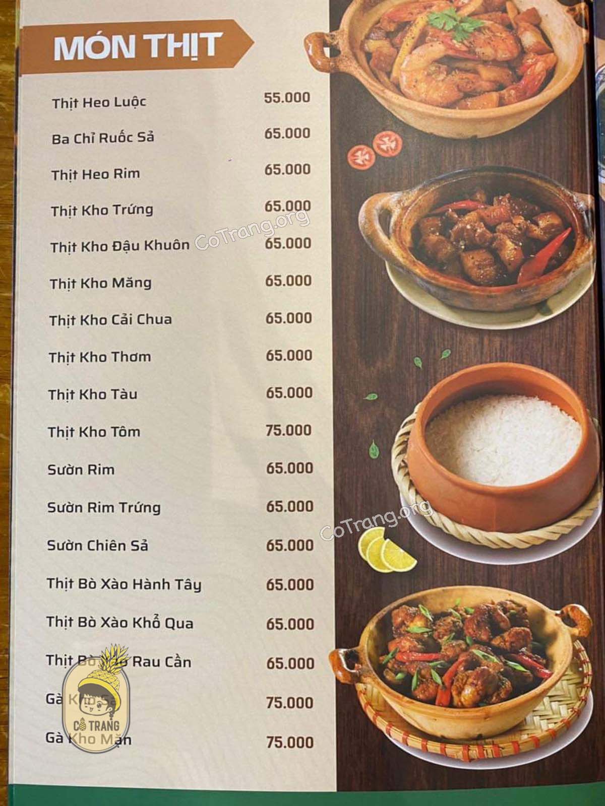 Menu thức ăn tại Bếp Mộc Quảng Ngãi