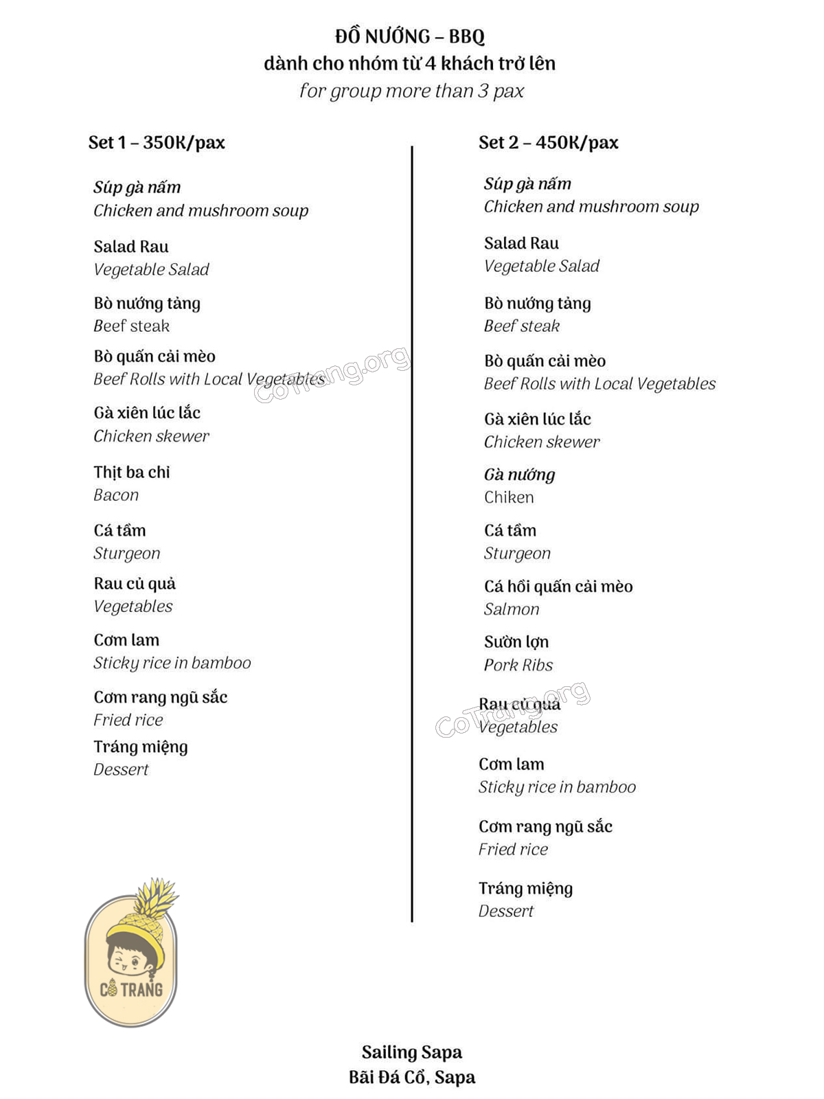 Menu thức ăn tại Sailing Sapa