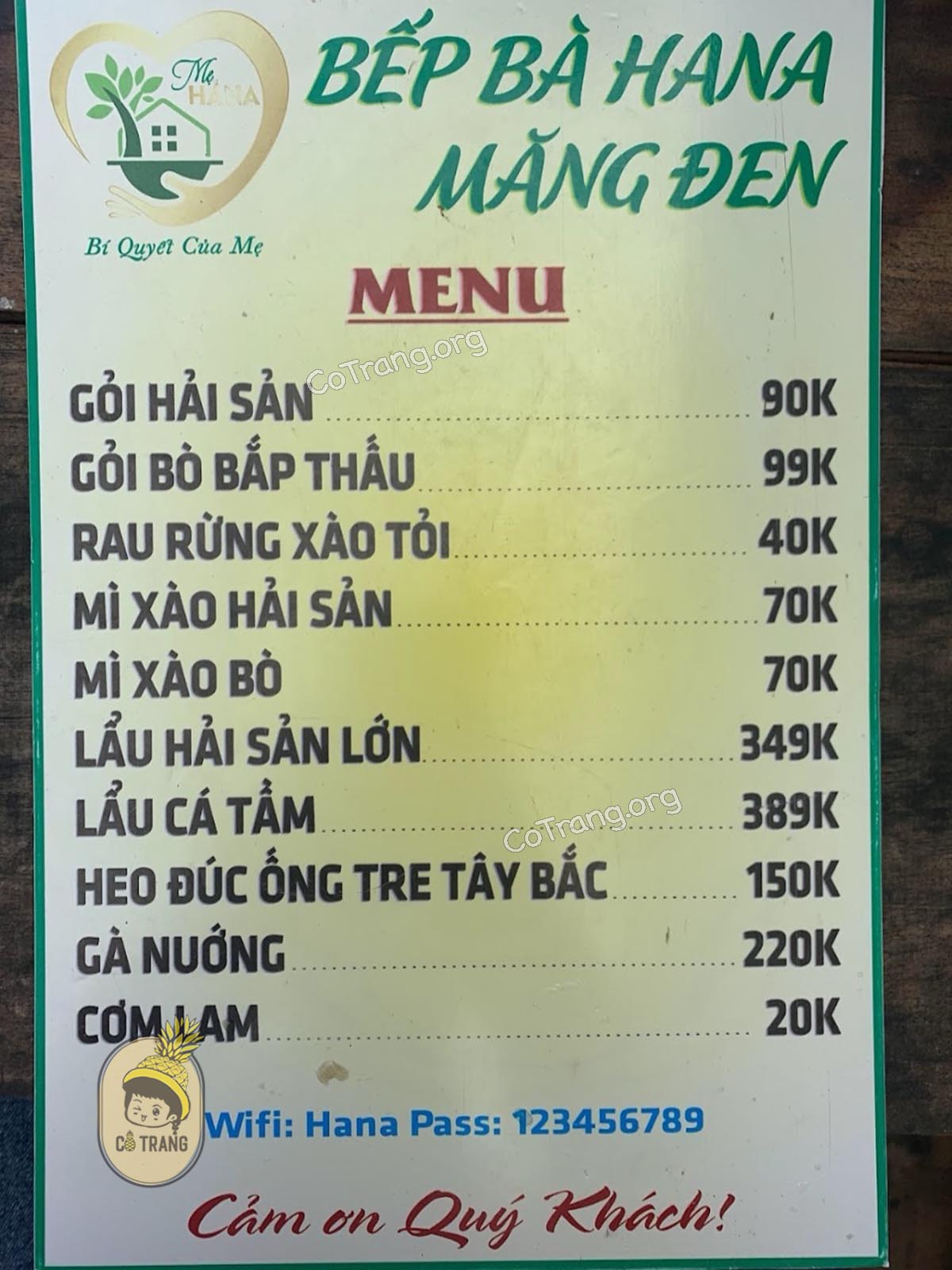 Menu tại Bếp Bà Hana Măng Đen