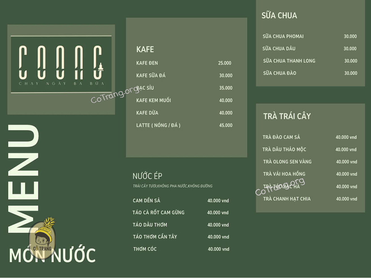 Menu thức ăn tại Coong Chay Pleiku