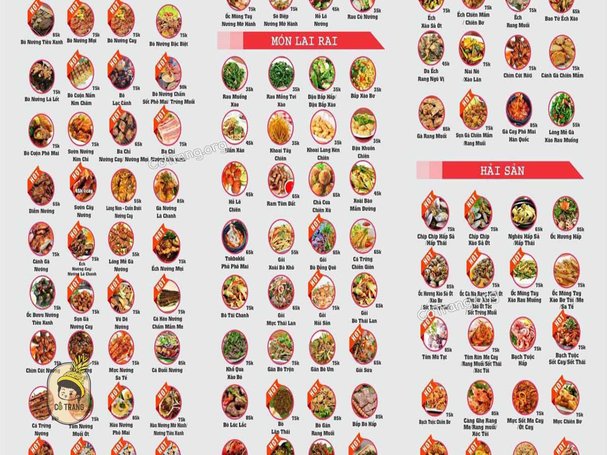 Menu thực ăn tại Mọi Quán Hội An