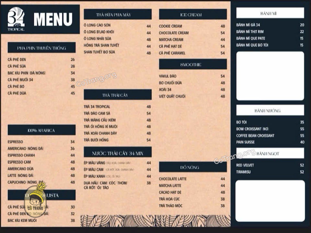 Menu thức uống tại 34 Tropical Đà Nẵng