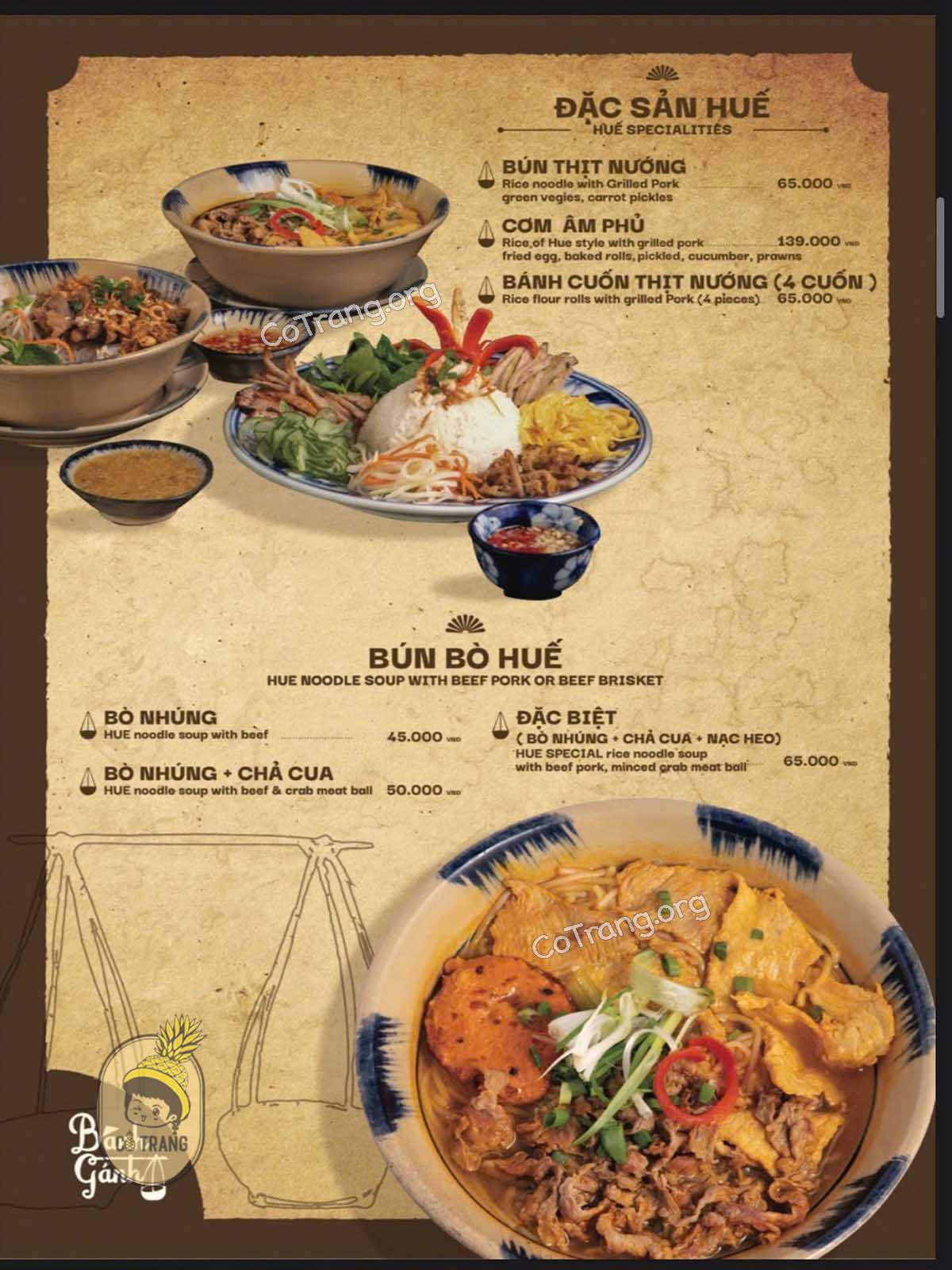 Menu thức ăn tại Nhà Hàng Bánh Gánh Huế