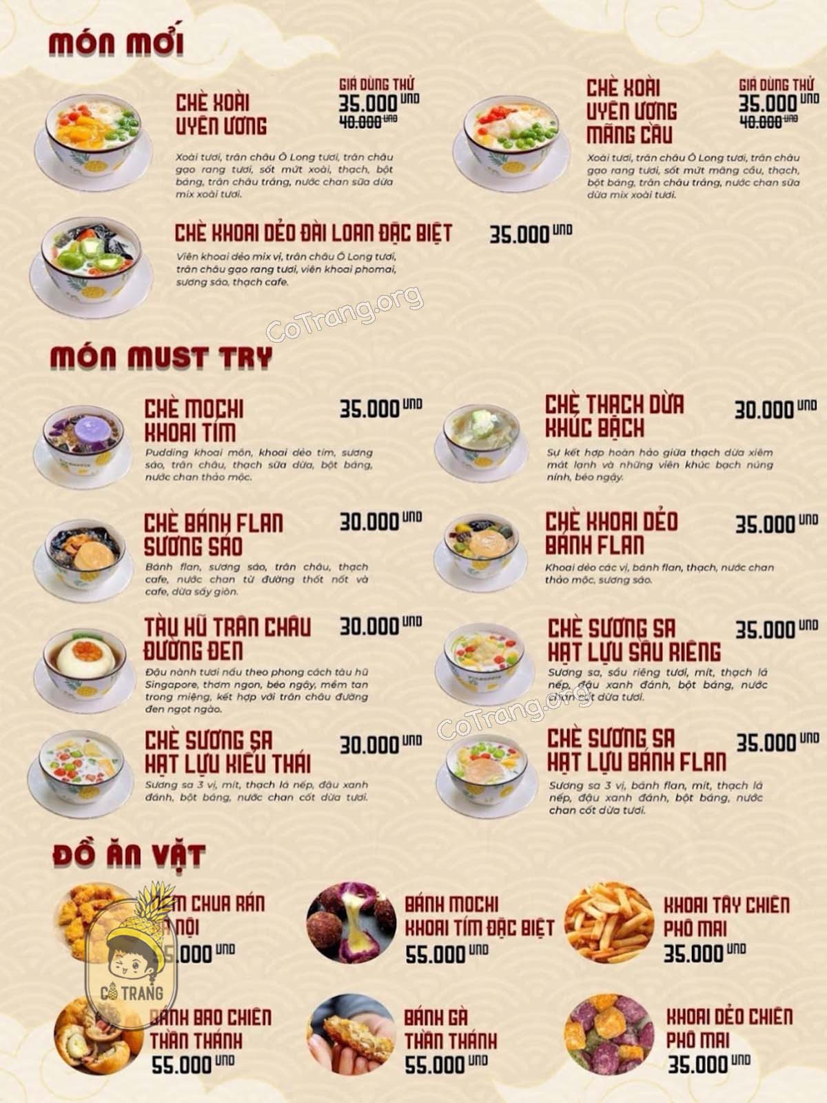 Menu tại Tiệm Chè Chang Hi