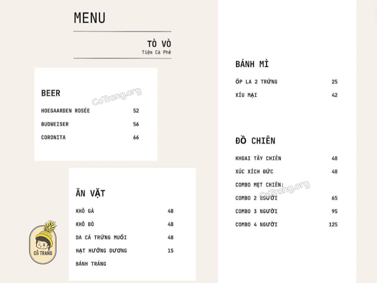 Menu thức uống tại Tiệm Cà Phê Tò Vò Sài Gòn