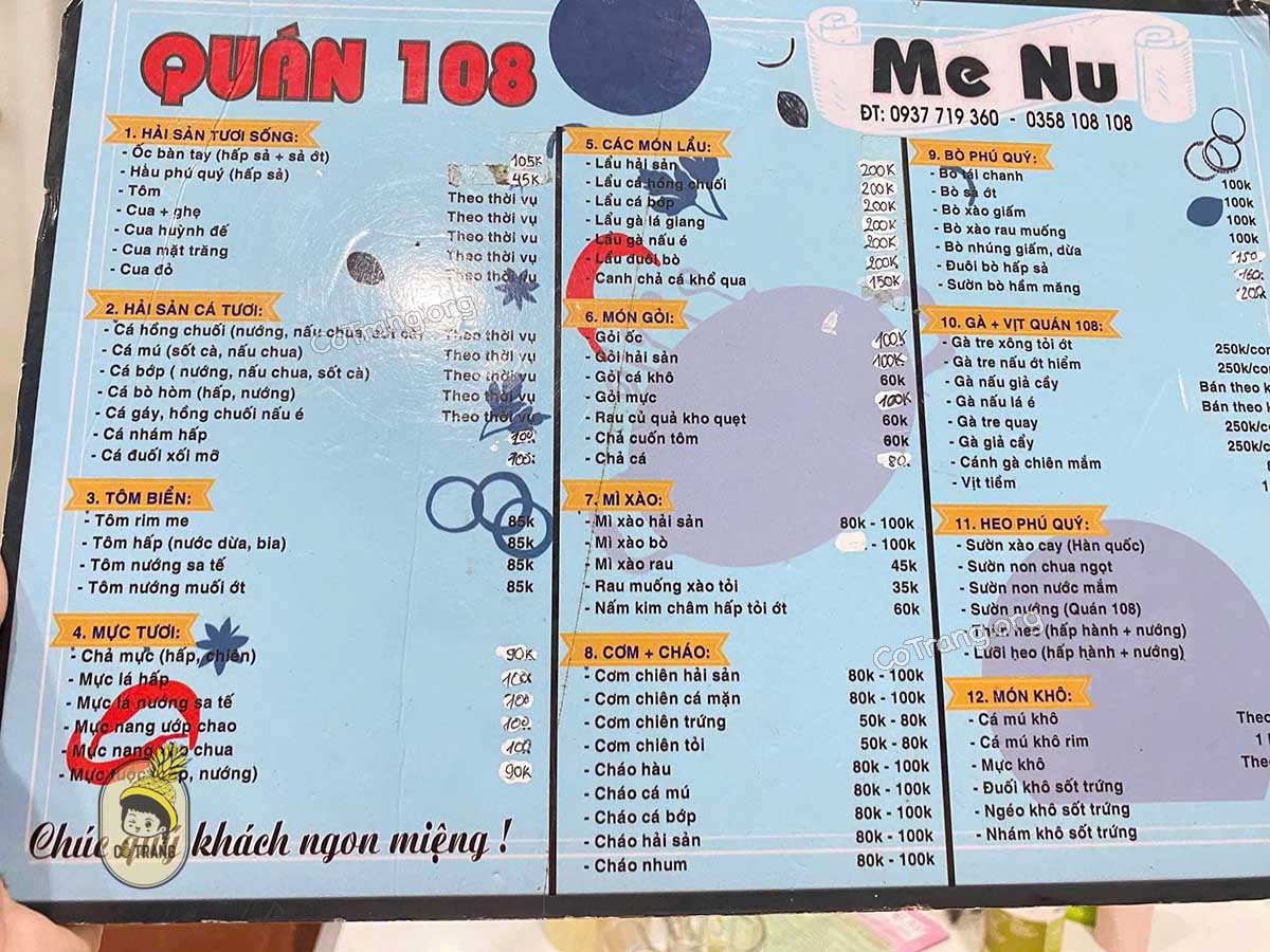 Menu thức ăn tại Hải Sản Quán 108 Phú Quý