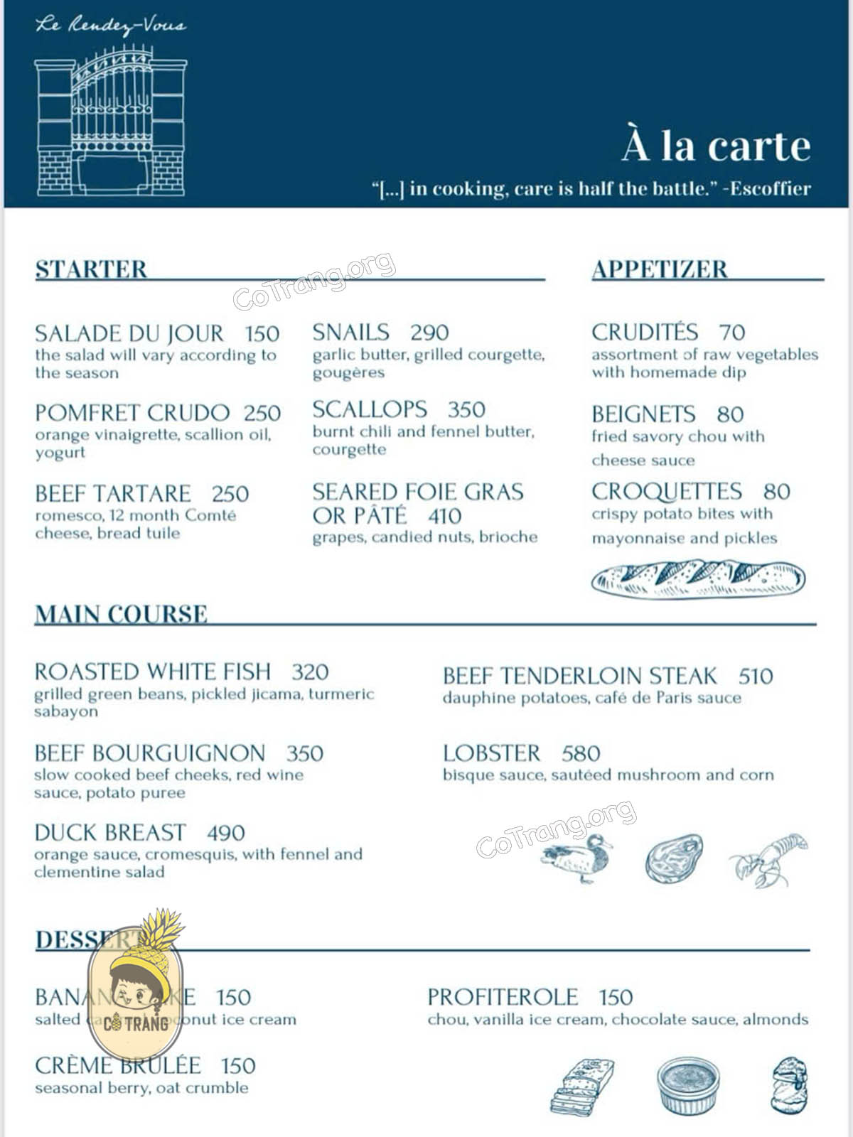 Menu thức ăn tại Le Rendez Vous Đà Nẵng