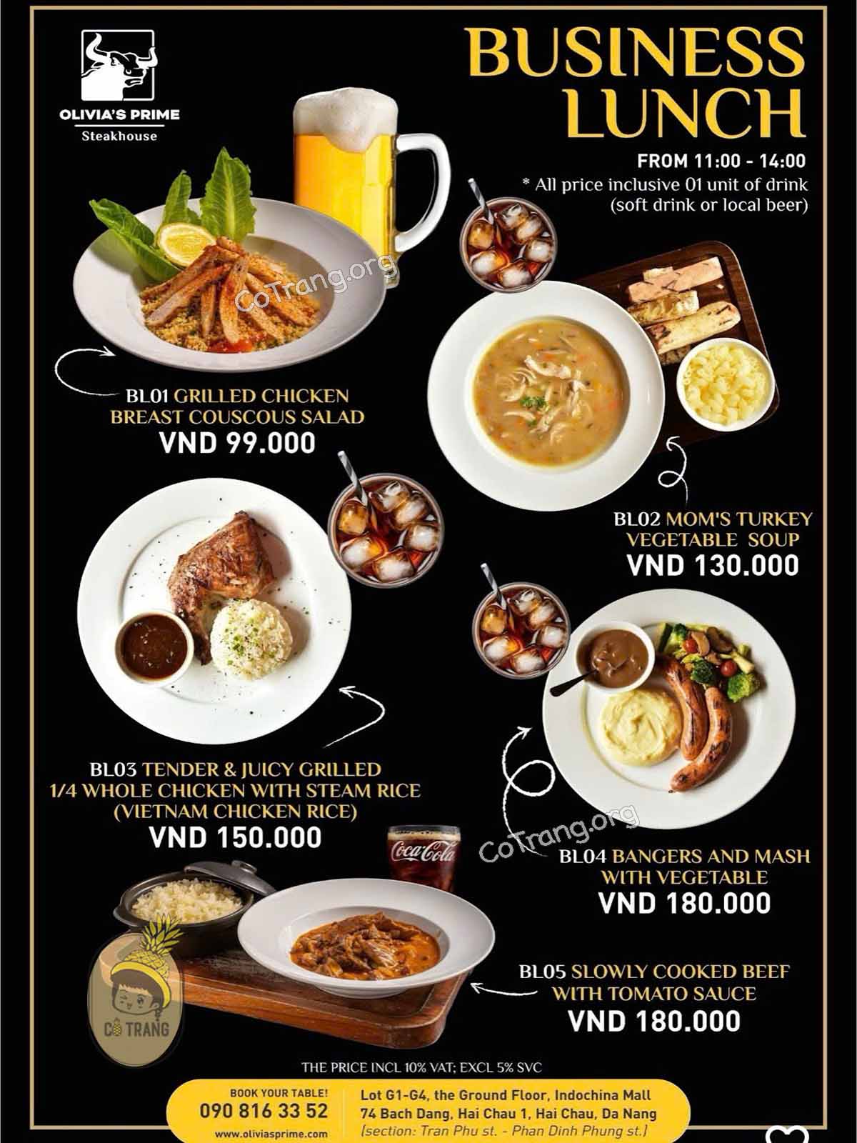 Menu thức ăn tại Olivia's Prime Steakhouse Đà Nẵng
