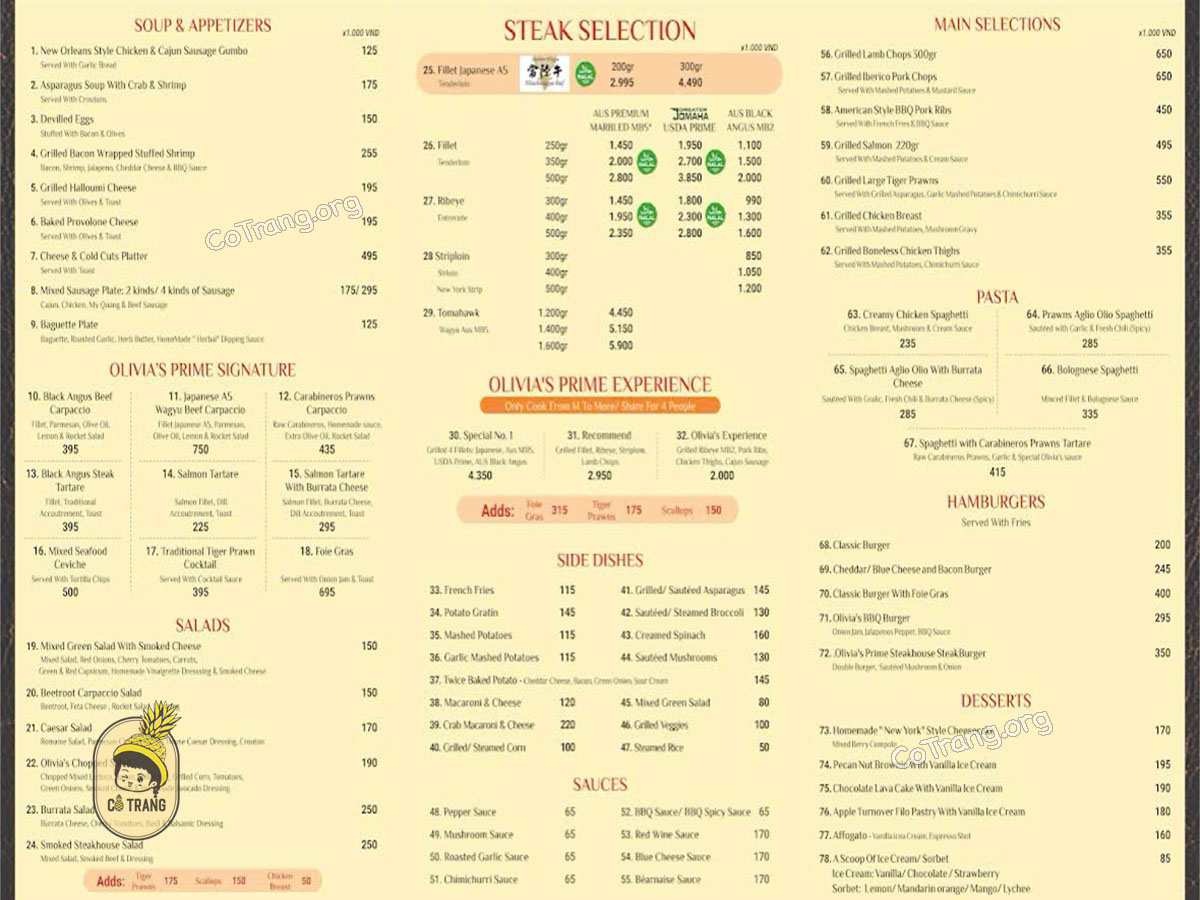Menu thức ăn tại Olivia's Prime Steakhouse Đà Nẵng