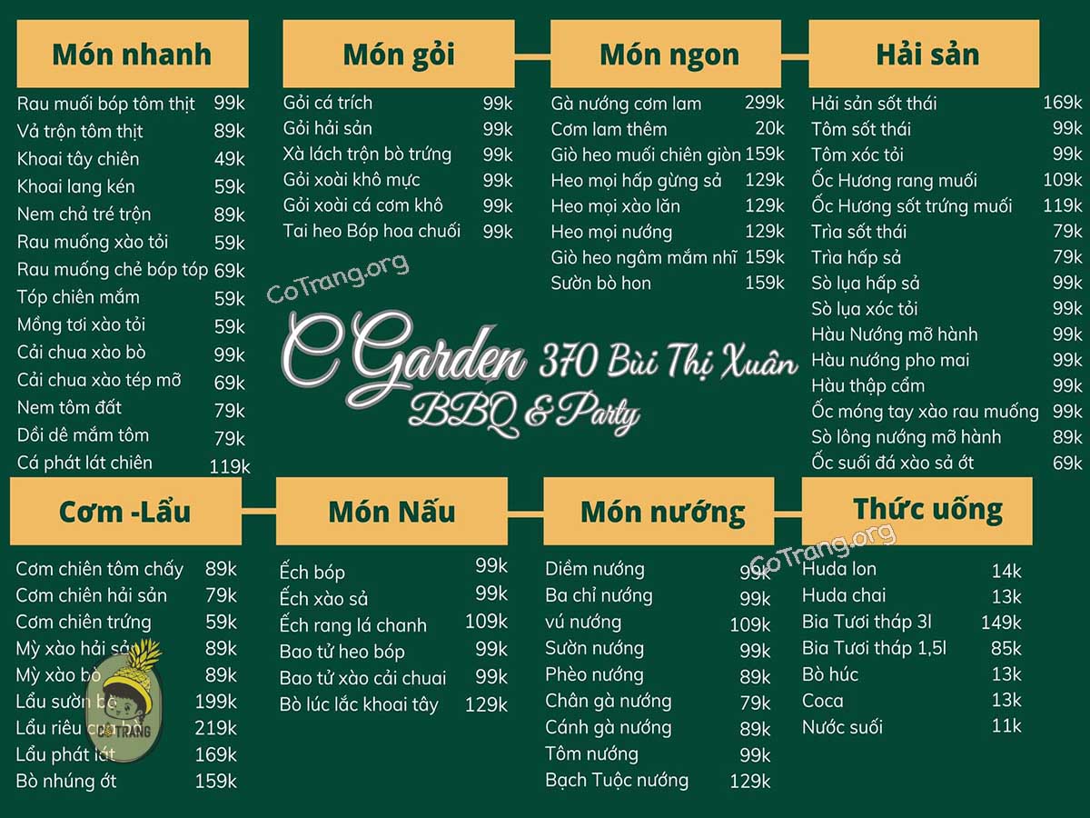 Menu thức ăn tại C Garden BBQ & Camping Huế 