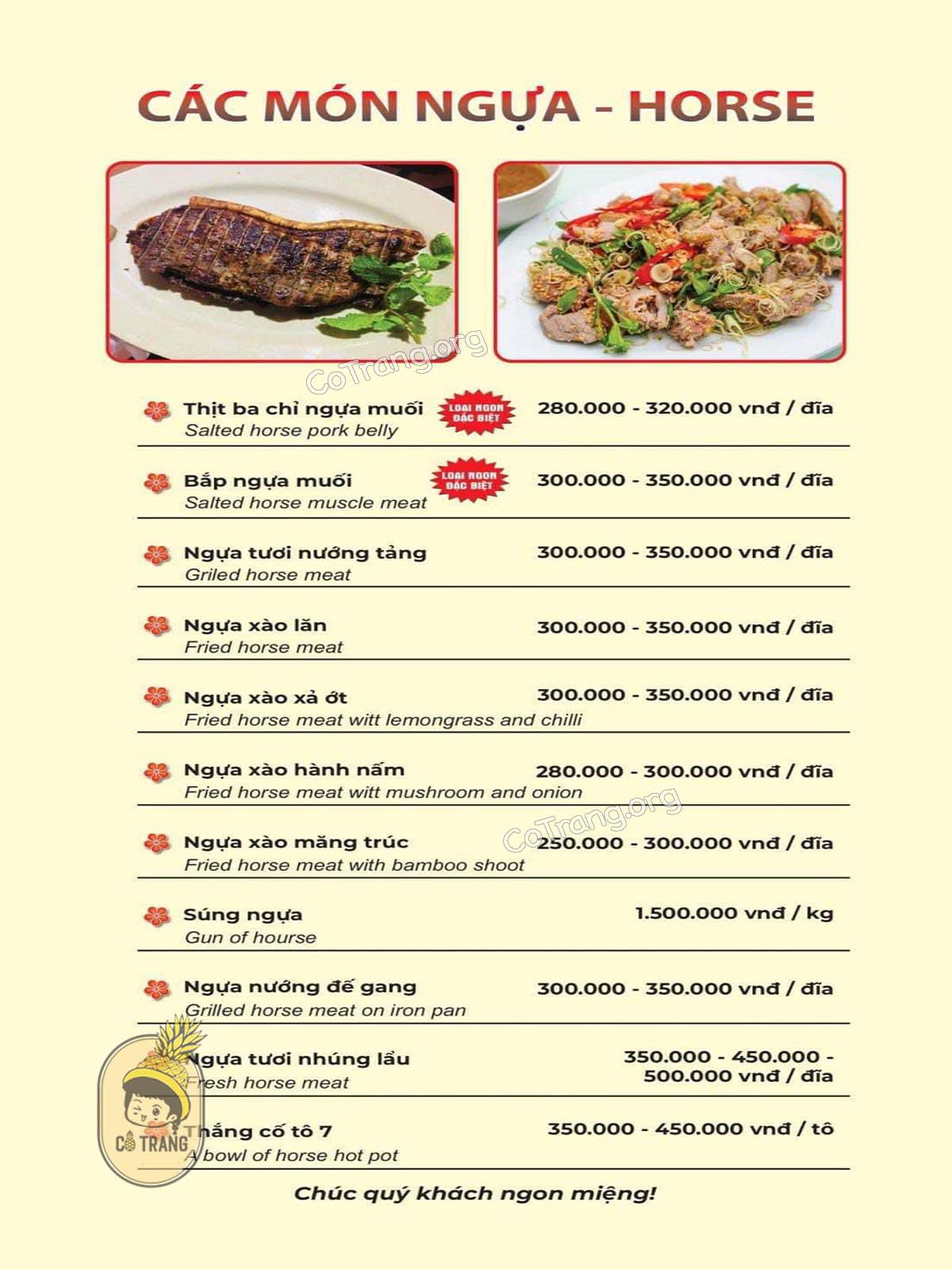 Menu thức ăn tại Thắng Cố A Quỳnh Sapa