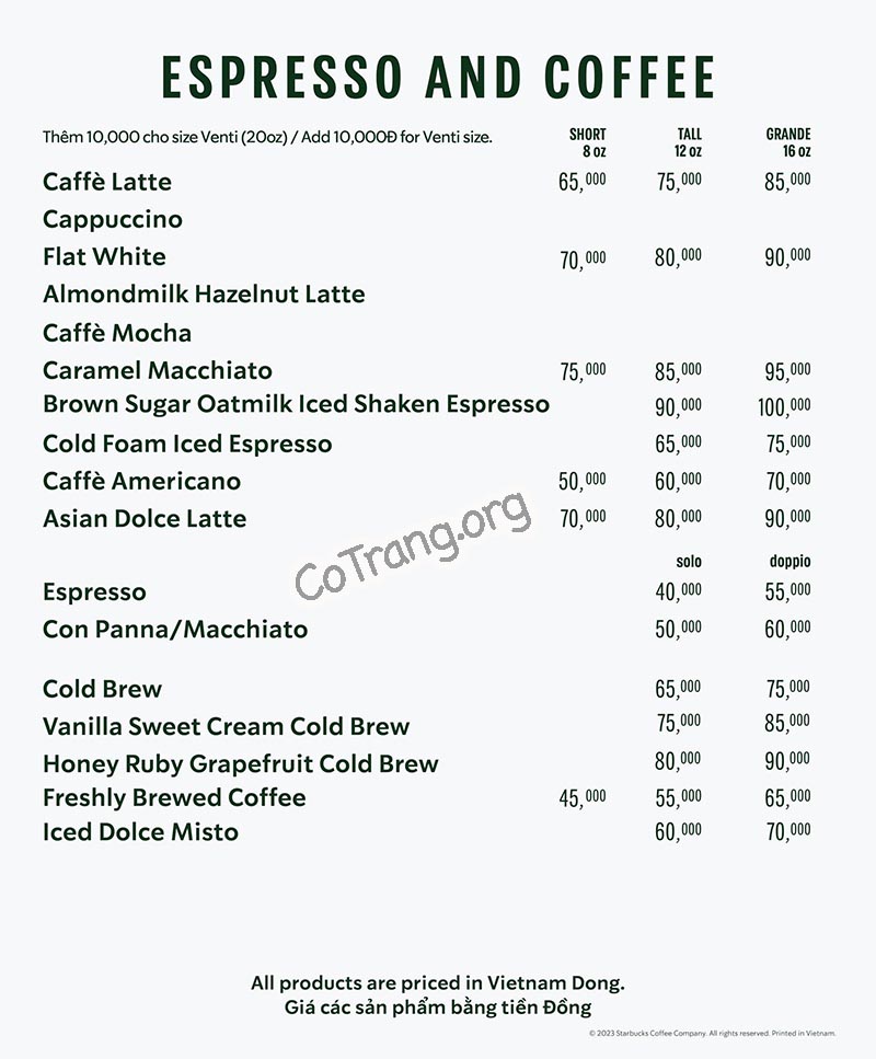 Menu thức uống tại Starbucks Phú Quốc