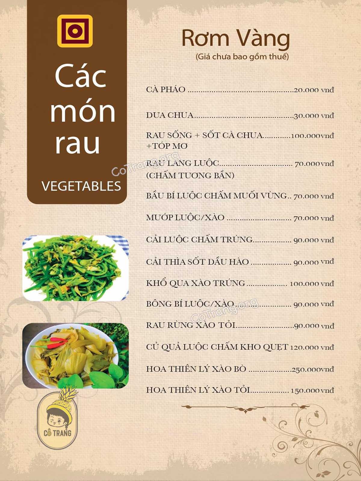 Menu thức ăn tại Rơm Vàng Phú Quốc 