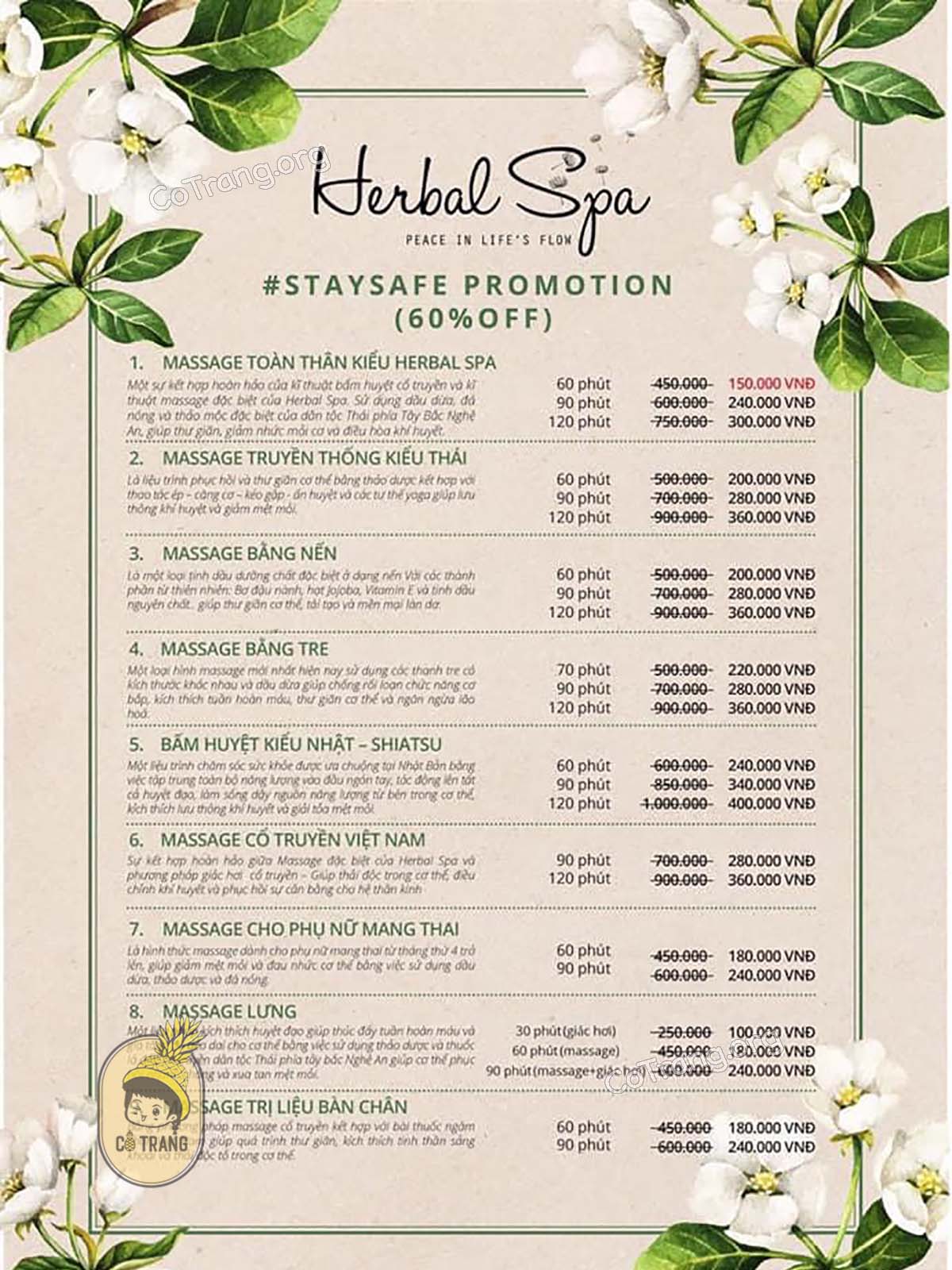 Bảng giá tại Herbal Spa Đà Nẵng