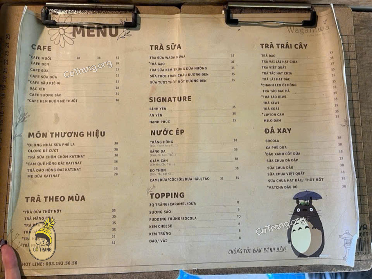 Menu đồ uống tại Tiệm Trà Waga Niwa Quảng Ngãi