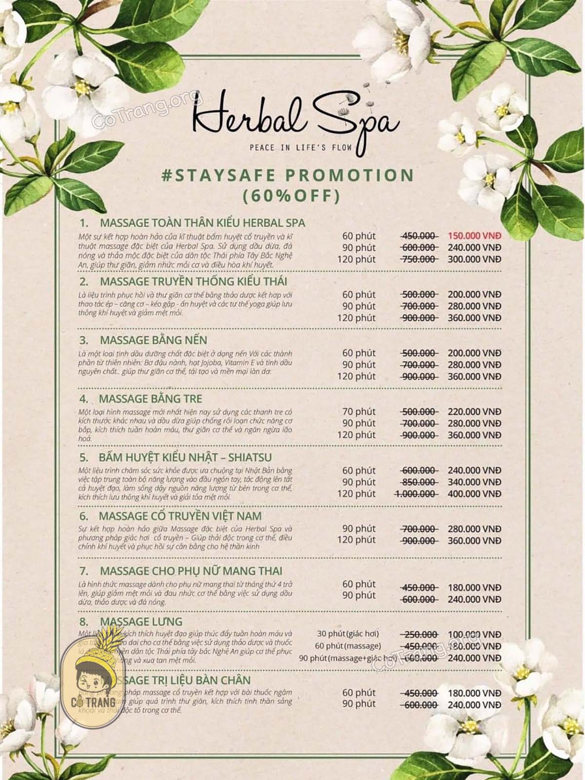 Bảng giá tại Herbal Spa Đà Nẵng