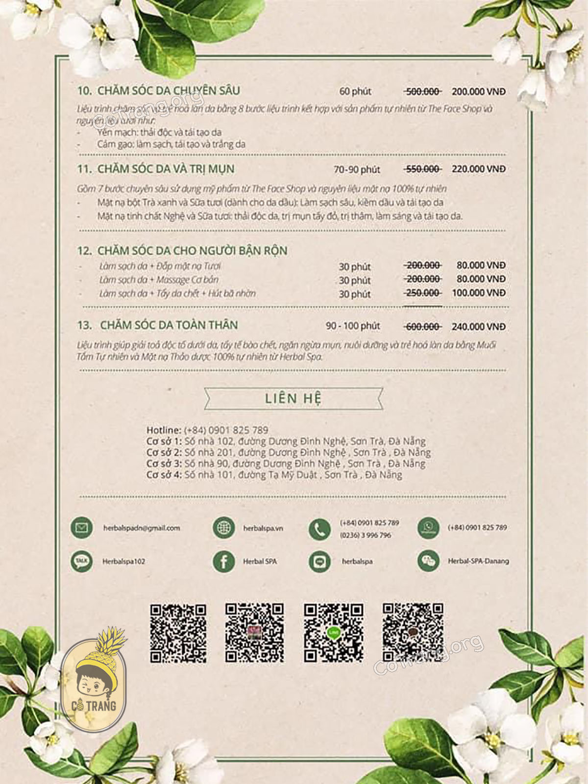 Bảng giá tại Herbal Spa Đà Nẵng