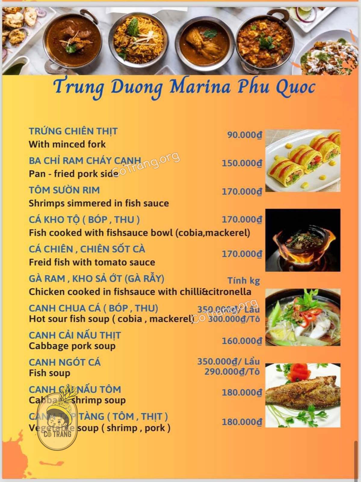 Menu thức ăn tại Trùng Dương Marina