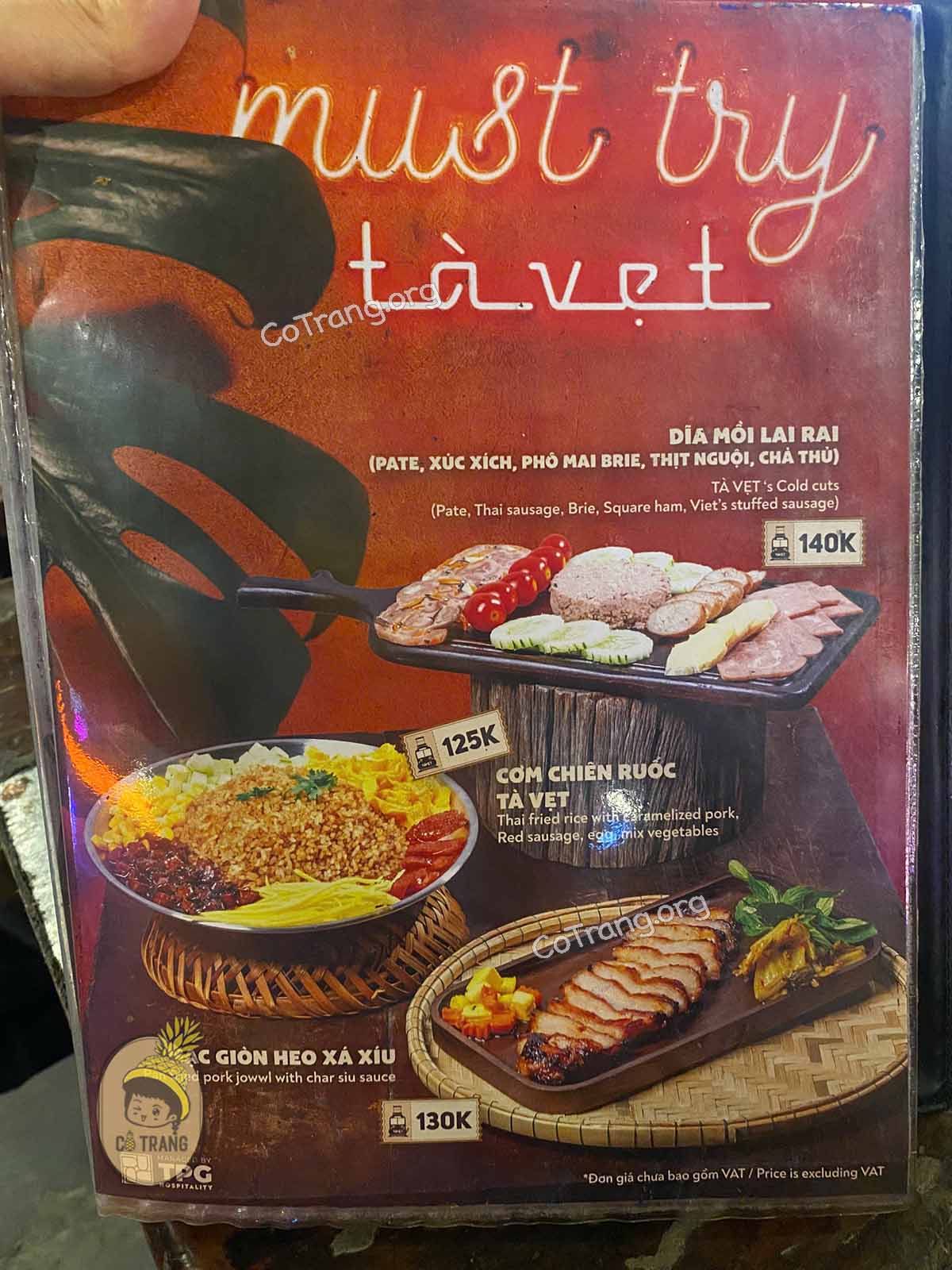 Menu thức ăn tại Tà Vẹt Huế