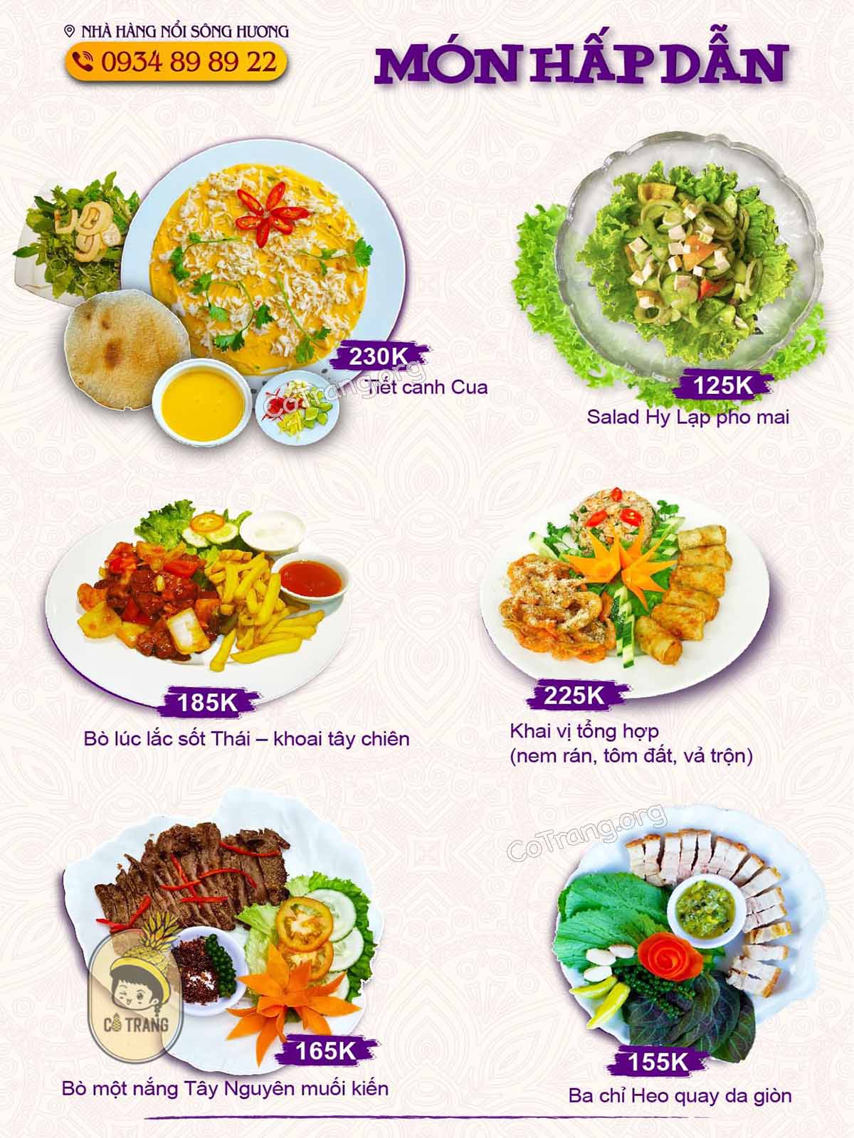 Menu thức ăn tại Nhà Hàng Nổi Sông Hương