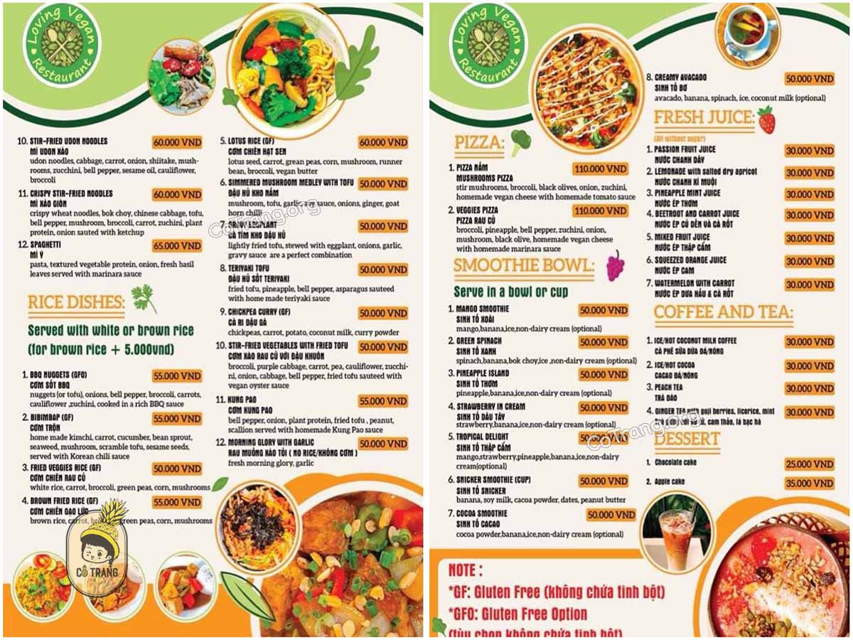 Menu thức ăn tại Loving Vegan Đà Nẵng