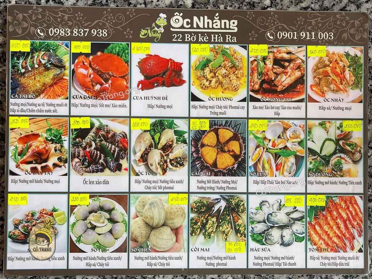 Menu thức ăn tại Hải Sản Ốc Nhắng