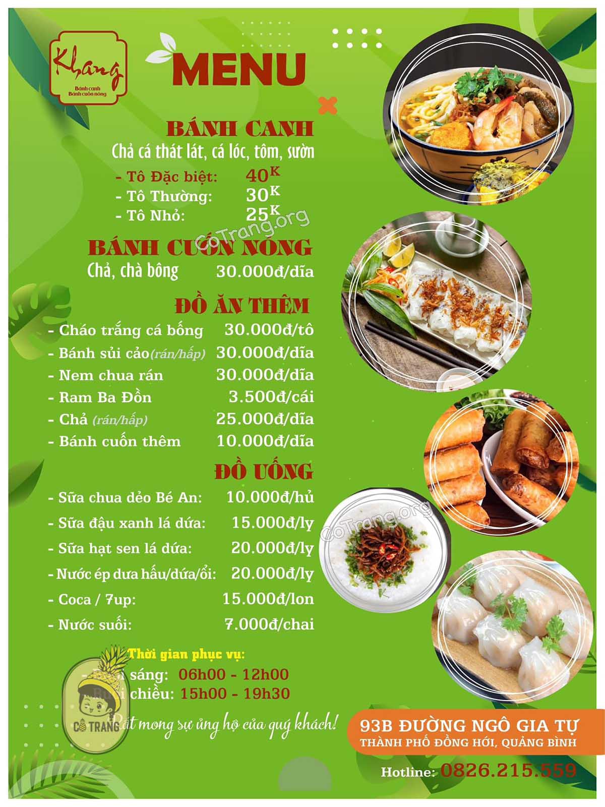 Menu thức ăn tại Khang Đồng Hới
