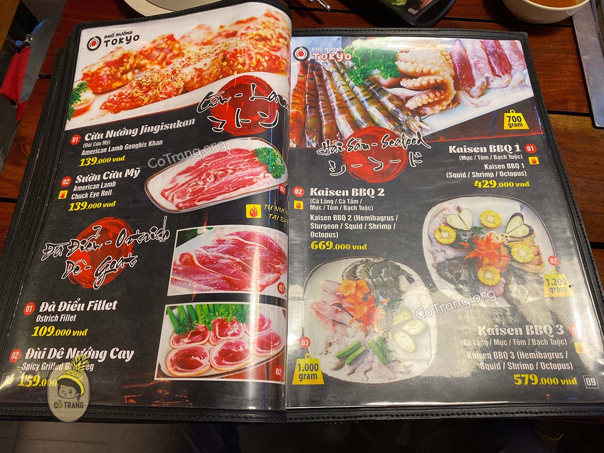 Menu thức ăn tại Phố nướng Tokyo Đà Nẵng
