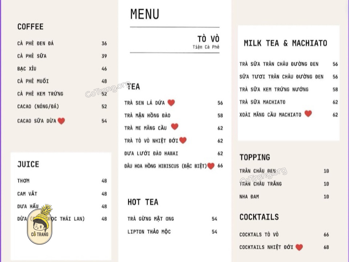 Menu thức uống tại Tiệm Cà Phê Tò Vò Sài Gòn