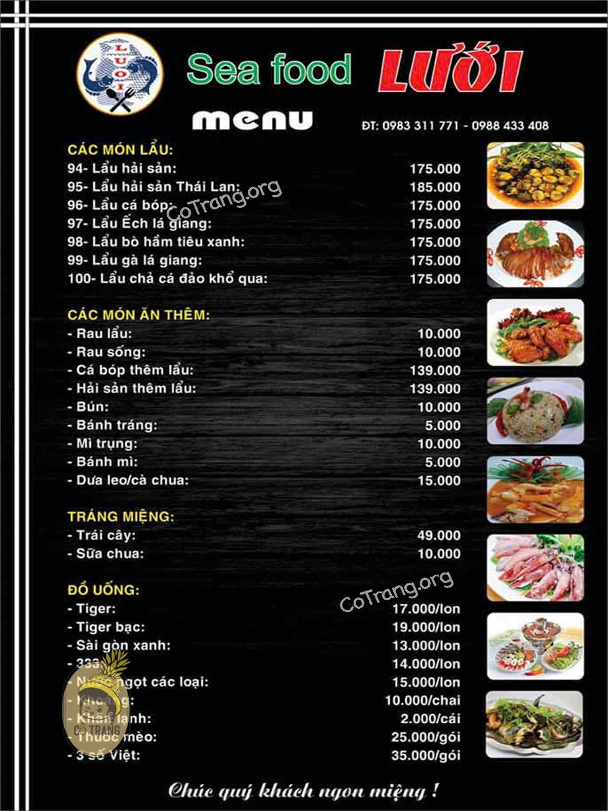 Menu thức ăn tại Lưới Sea Food Phú Quý