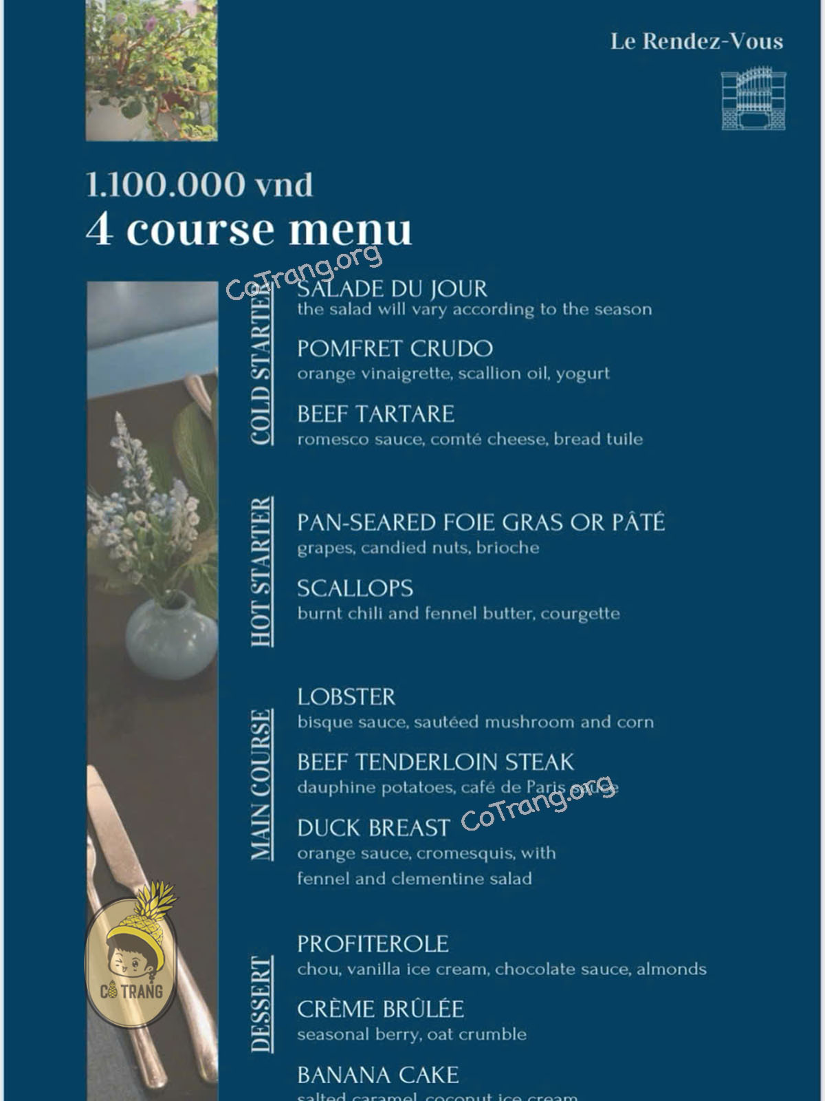 Menu thức ăn tại Le Rendez Vous Đà Nẵng