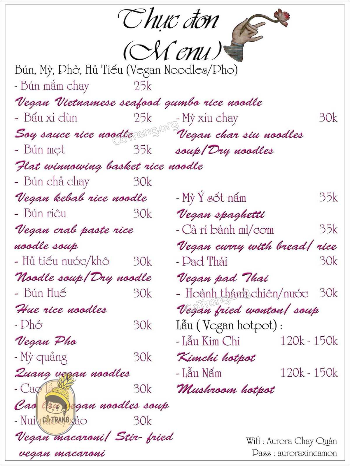 Menu thức ăn tại Aurora Chay Quán Đà Nẵng 