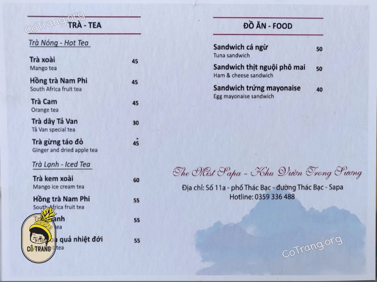 Menu và góc sống ảo tại The Mist SaPa 