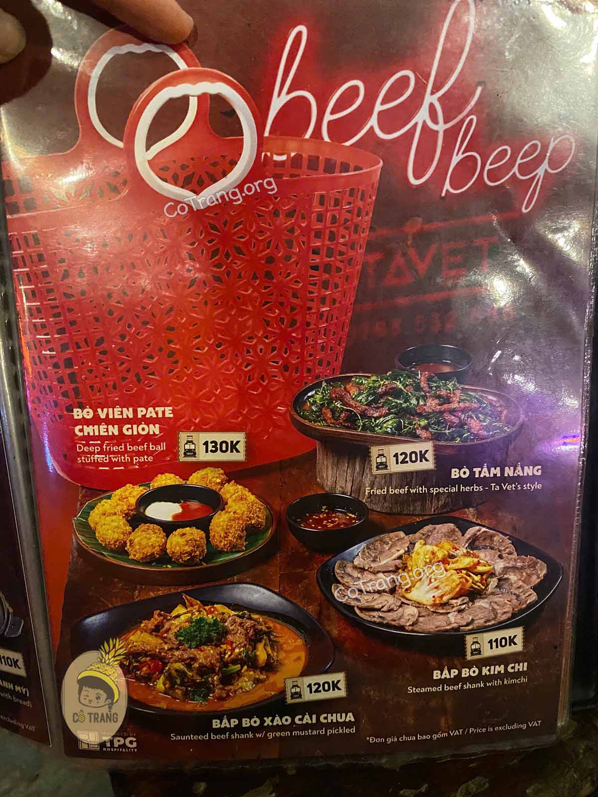 Menu thức ăn tại Tà Vẹt Huế