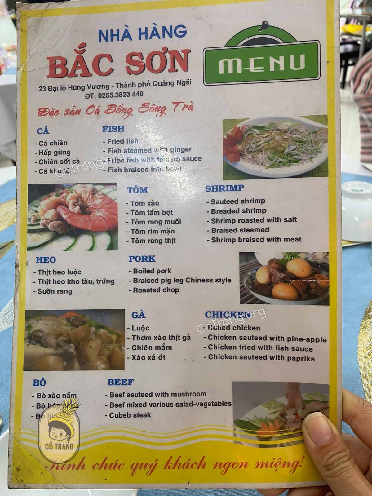 Menu tại Cơm Bắc Sơn Quảng Ngãi