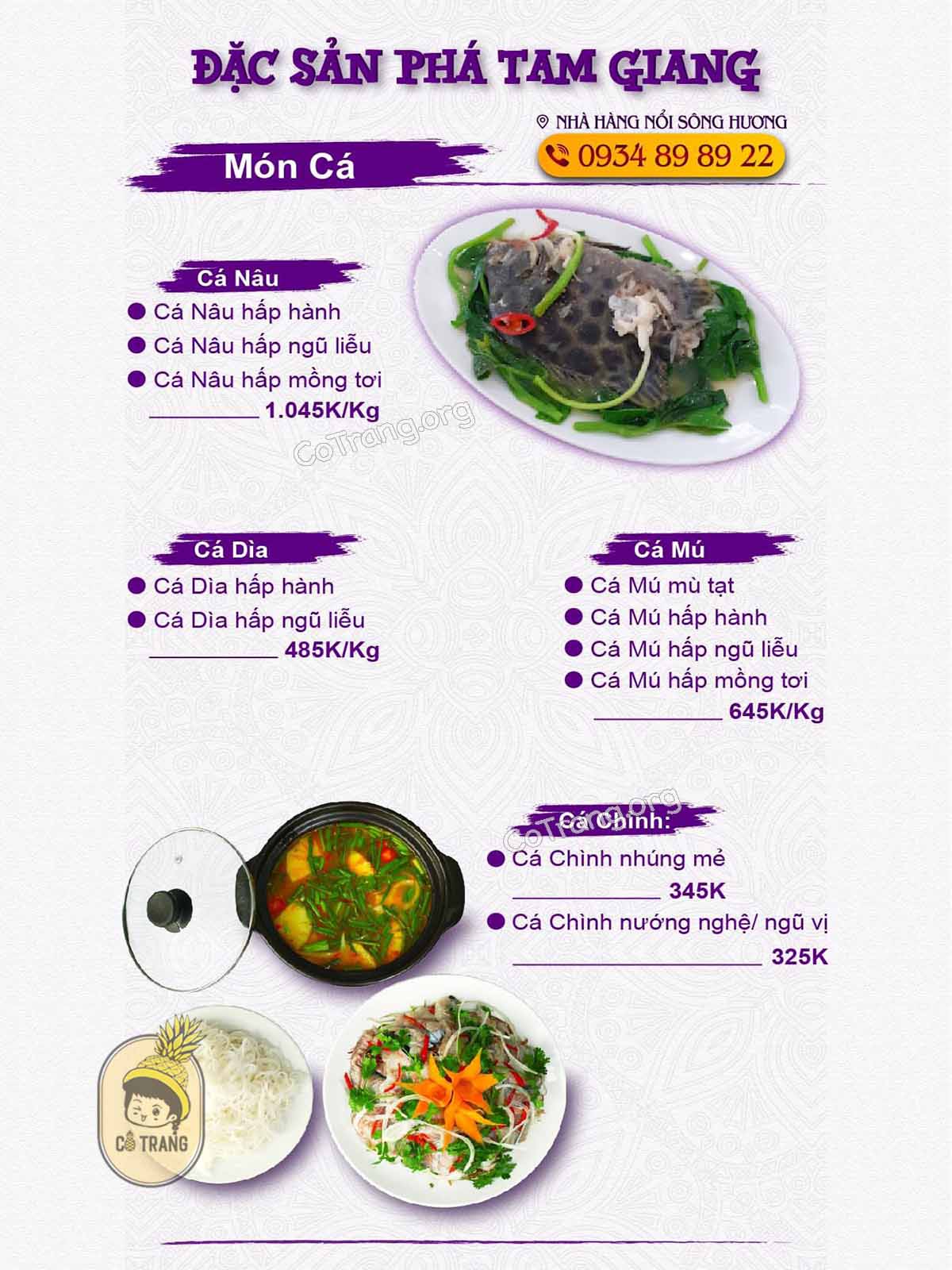 Menu thức ăn tại Nhà Hàng Nổi Sông Hương
