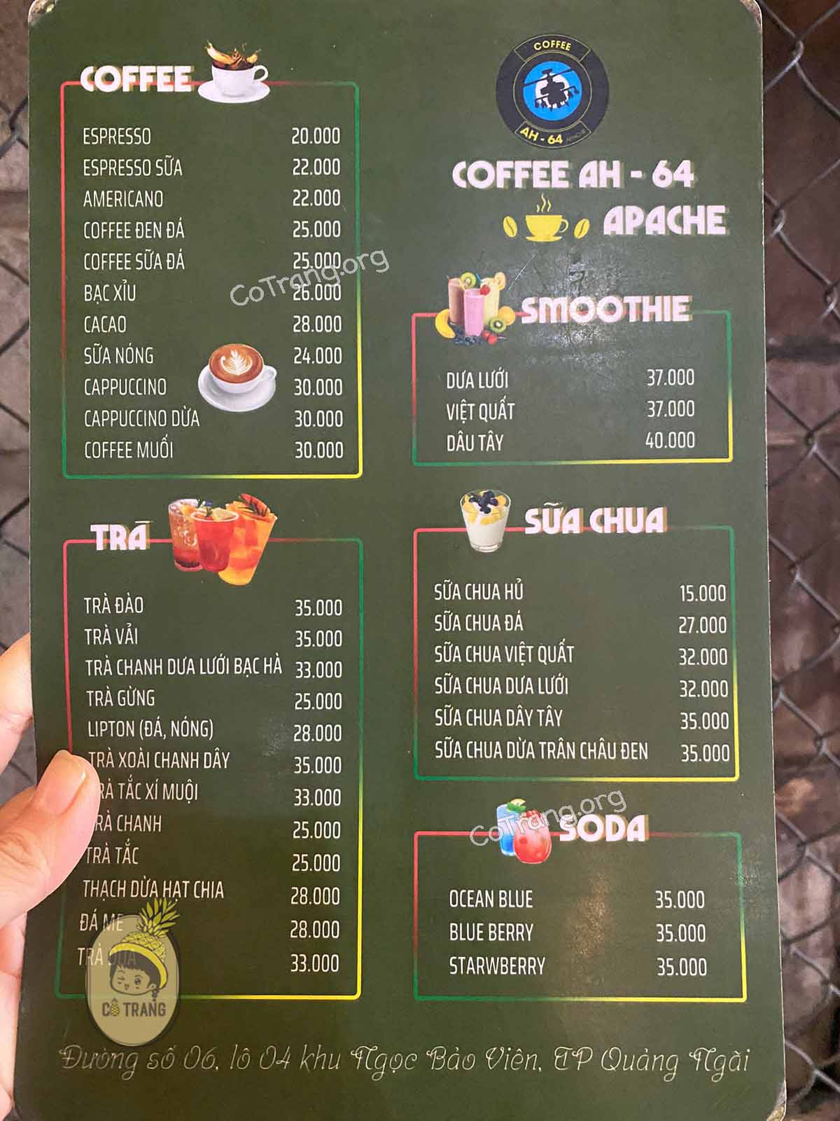 Menu thức uống tại Coffee AH-64 Apache Quảng Ngãi