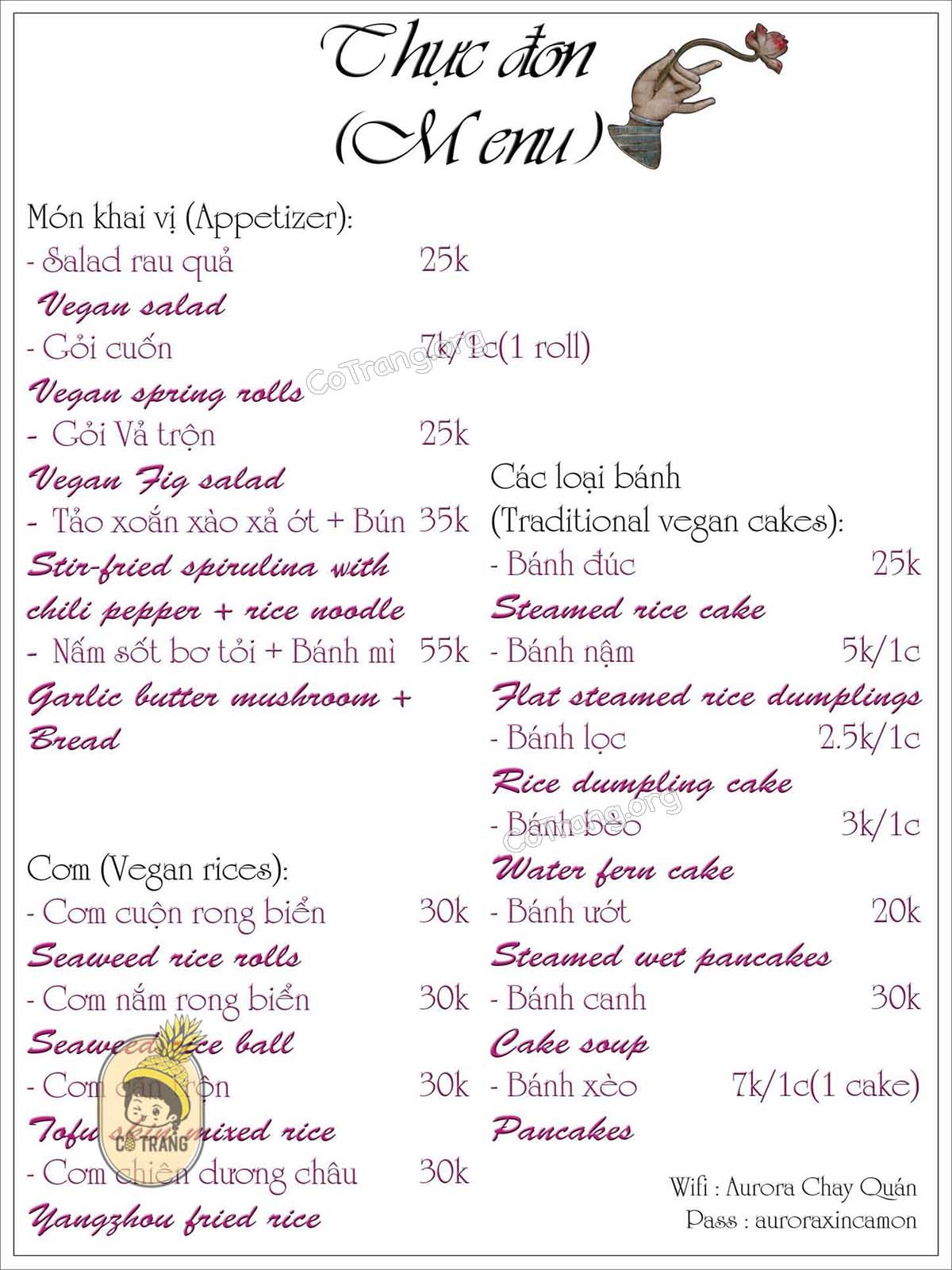 Menu thức ăn tại Aurora Chay Quán Đà Nẵng 
