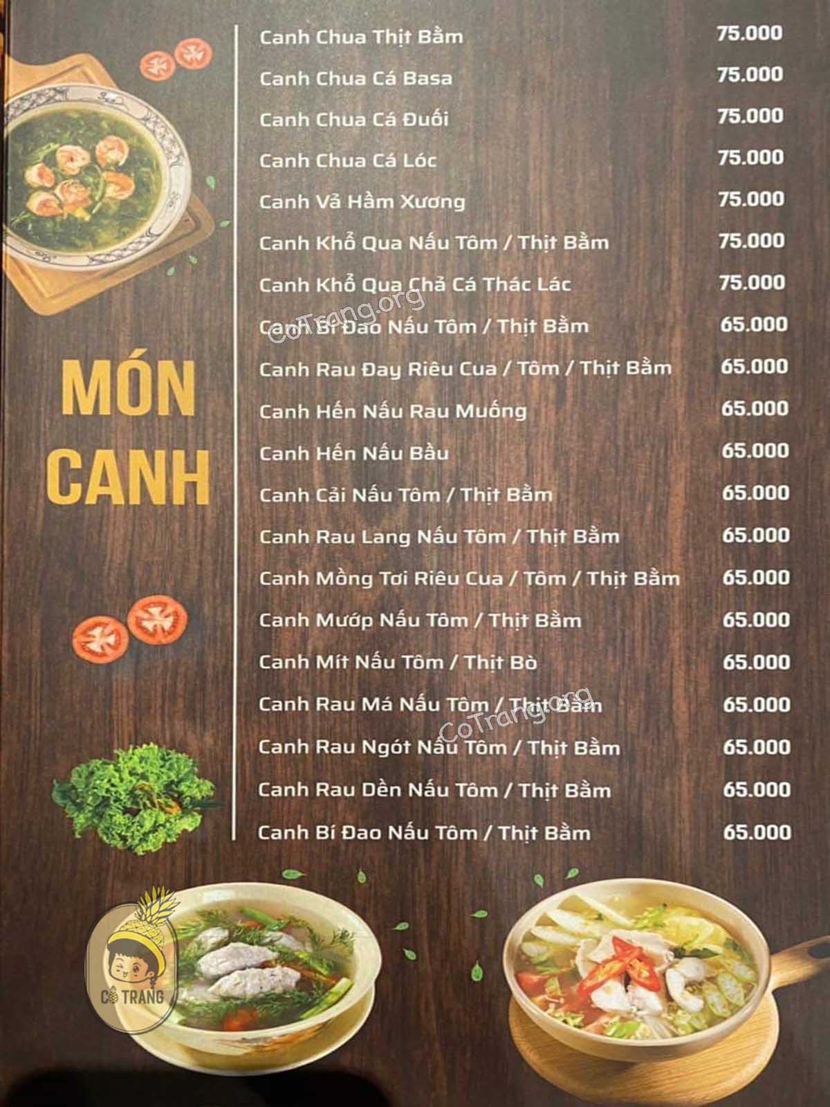 Menu thức ăn tại Bếp Mộc Quảng Ngãi