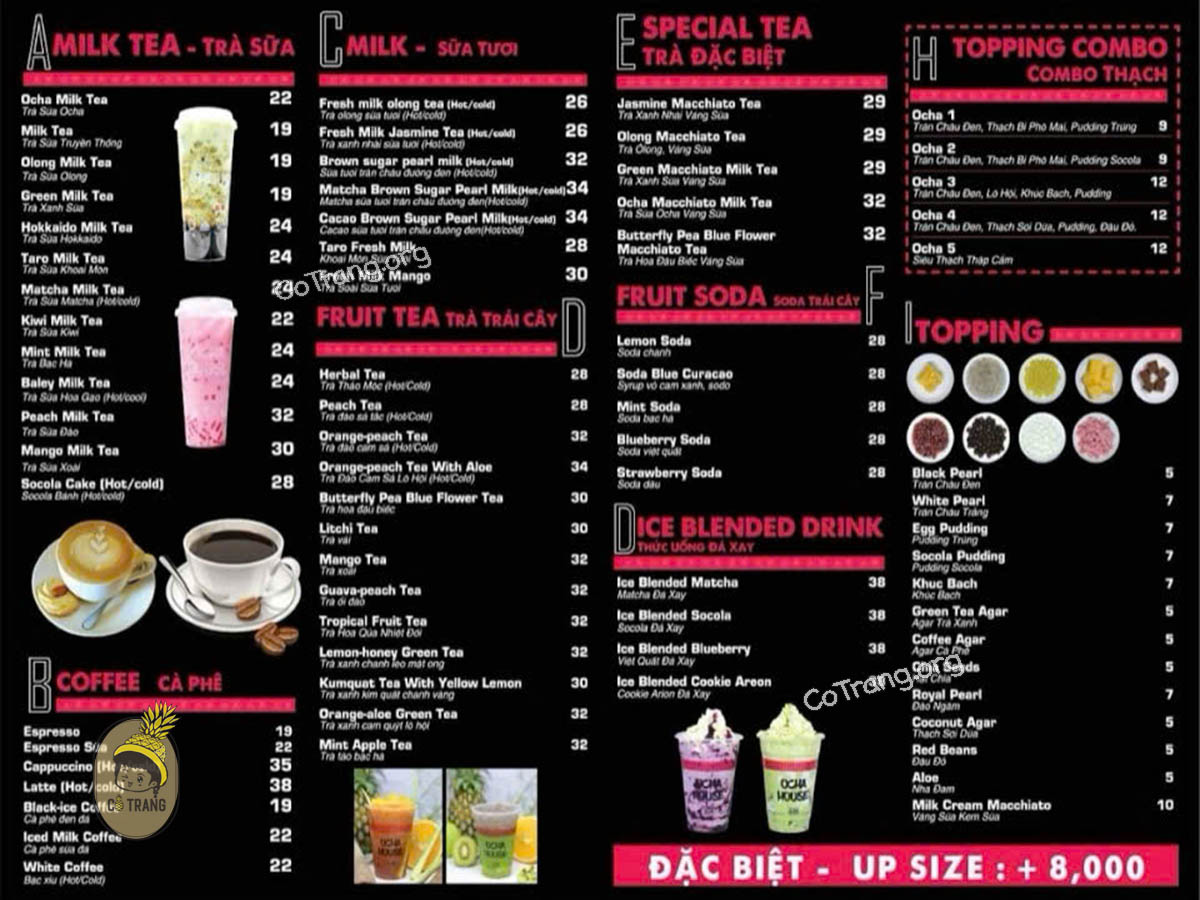 Menu thức uống tại Tea & Coffee Ocha House Quảng Ngãi
