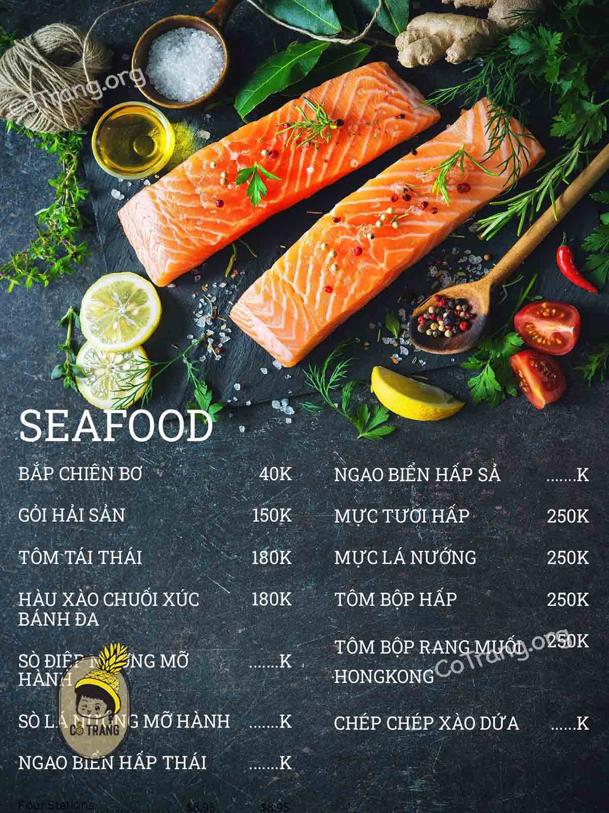 Menu tại Lá Cọ Beach Đồng Hới